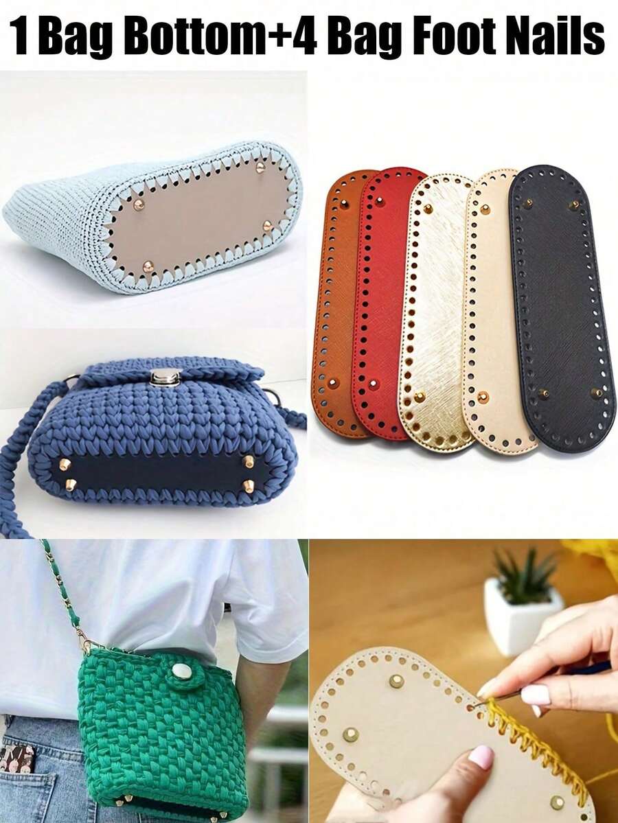 Fondo de bolso de material de cuero de poliuretano, accesorios DIY sin perforación, incluye 1 paquete de fondo y 4 pines de metal para los pies, fondo de bolso tejido a mano, decoración de bolso en forma ovalada, 18 * 5 cm, fácil de conectar, fondo resistente y reforzado, adecuado para hacer bolsos, maletas, carteras (negro, blanco, beige, marrón) - Multicolor - Ver 1
