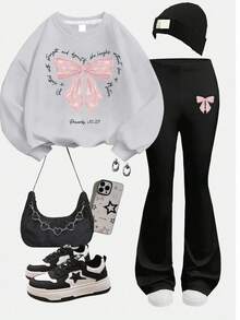 2 Pieces Girls Soft Cute Slogan Bow Print Long Sleeve Hoodie Set, Teen Fashion For Lake Outing, Summer-Fall - Grey - View 2