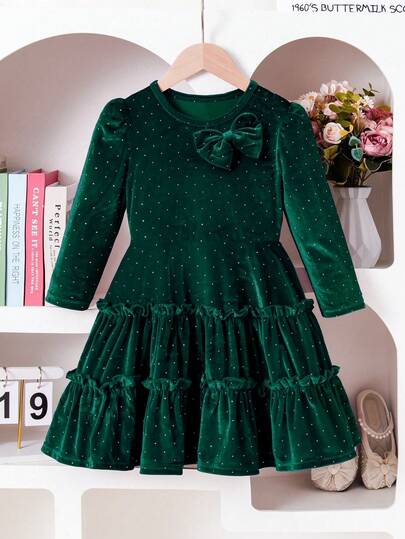 Girls Vintage Velvet Bow Decor Dress, Velvet Fabric With Sheen, 3D Bow Accent, Cinched Waist & Flared Skirt For Elegant Look, Suitable For Christmas Party, New Year Gala, Holiday Performance, Autumn/Winter