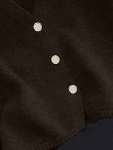 1pc Solid White Knitted Button-Up V-Neck Sleeveless Summer Cardigan Sweater Vest - Brown - View 4