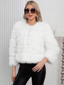Elegant Women's Faux Fur Coat White Color Regular Sleeve Round Neck Wrist Length Contrast Faux Fur Design Warm Lined For Winter Christmas And New Year - White - View 5
