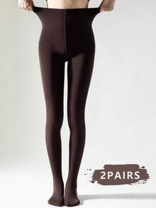 1 Pair Women's Chocolate Brown Fleece Tights, Elastic Slim Fit Soft Fleece Stirrup Tights For Spring & Autumn, Cozy - Chocolate Brown - View 7