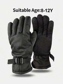 1 par de guantes gruesos de esquí de unicolor para niños con cordón ajustable, guantes resistentes al viento y al agua para niños de 8 a 12 años, adecuados para ciclismo y uso diario en invierno - Multicolor - Ver 3