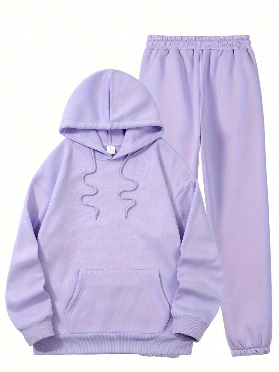 2pcs/Set Plus Size Women Casual Hooded Sweatshirt & Pants Set, Lotus Root Pink Hoodie And Sweatpants Set Comfy Set, Hoodie Two-Piece Fashion Comfortable Round Neck Sweatshirt + Sports Sweatpants Simple Letter Print Suitable - Perfect For Vacation Daily Outings, Dating & Streetwear, Spring And Autumn Running Exercise Leisure Home Comfort Set Spring Clothes For Women - 紫色 - 查看 1