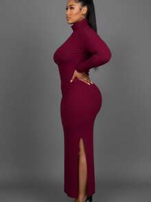 Elegant Plus Size Black Rib Knit Maxi Dress With High Neck And Long Sleeves, Fitted Style With Slit Hem For Party - Burgundy - View 2