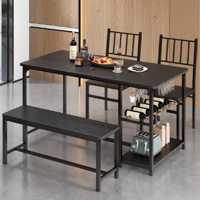 Dining Table Set For 4, 55" Small Kitchen Table With Wine Rack & Wine Glasses Holder, Dining Room Table Set With 2 Chairs And Bench For Small Space, Black,23562069