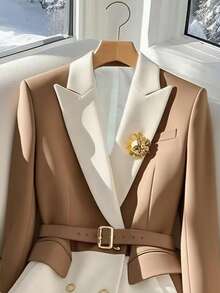 Women's Elegant Commuter Color Block Blazer - Khaki - View 3