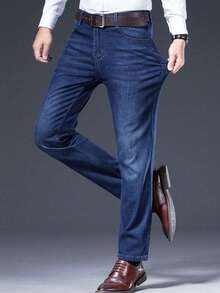 Jeans de diseño clásico sueltos para hombres, Jeans Básicos de Trabajo, Jeans para Hombre,Men's Classic Regular Jean, Jean de Corte Holgado, Pantalón de Mezclilla, Diseño Clásico Y Chic Para Negocios - Azul - Ver 7