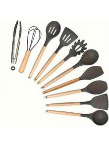10pcs/Set Premium Silicone Utensil Set - Heat-Resistant, Non-Stick, Ergonomic Wooden Handle, Easy Cleaning, Modern Cookware Essentials For Kitchen - Perfect For Christmas, Easter, Halloween, Celebrations