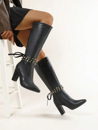 بوت فارس جديدة للنساء للخريف/الشتاء، بوت سكسي لعيد الهالوين، بوت أنيقة ذات كعب سميك وكعب متوسط باللون الأسود