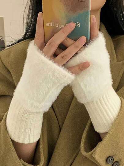 Women's Warm Half Finger Gloves, Versatile Stylish Cute Office/Student Gloves, Autumn/Winter