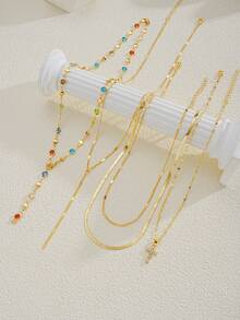 5 件时尚十字架水钻 Y 型项链分层项链套装，适合女性日常佩戴、约会、派对、礼物 - 金黃色 - 查看 6