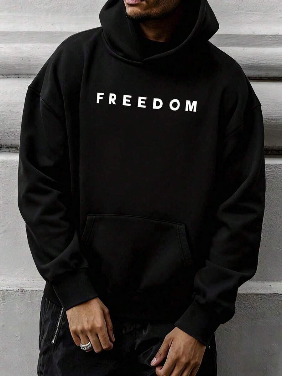 Men's Casual Hoodie With "FREEDOM" Minimalist Print Pattern, Personalized Casual Style, Daily Casual Wear, Autumn And Winter Gifts, Outdoor Street Essential Hoodie, Suitable For Daily And Outdoor Wear,Fall Hoodies,Men's Fall Clothes,Street Wear,Halloween,Mens Hoodies,Y2k Clothes,Jesus Hoodie,Thanksgiving Day,Nightmare Before Christmas,Christmas - 黑色 - 查看 1