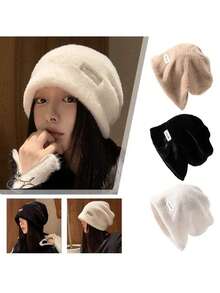1pc 冬季保暖兔毛堆堆帽女遮脸防寒毛绒桶帽大头围脸露小毛毛防寒帽女时尚毛绒帽子羊毛宽松保暖纯色冬帽加厚户外防寒帽女帽子生日礼物情人节礼物滑雪帽骑行帽保暖 - 彩色 - 查看 3