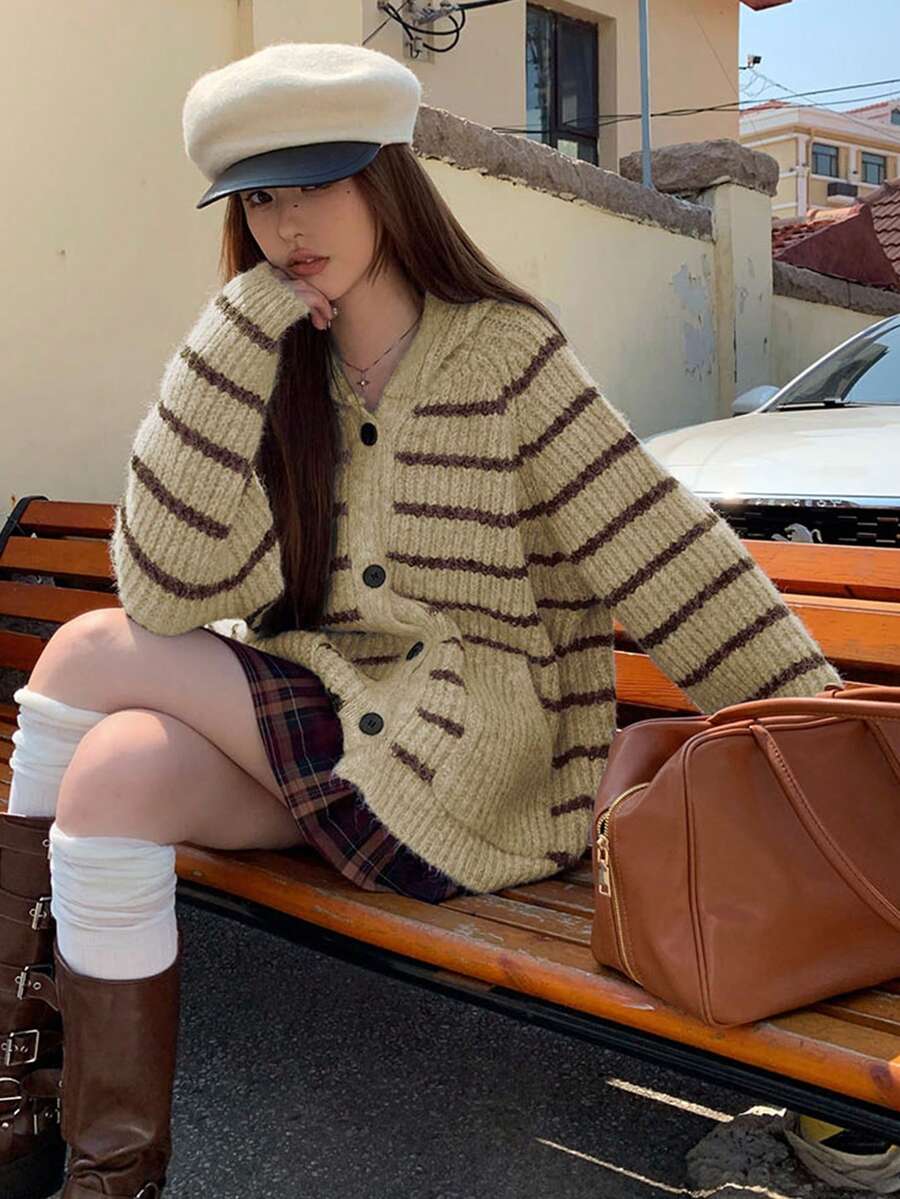 Striped Hooded Sweater Jacket For Women, Long Sleeve Knitted Cardigan, Autumn/Winter - Brown - View 1