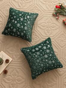1pc Metallic Silver Snowflake Plush Green Pillow Cover Without Filler - Green - View 3
