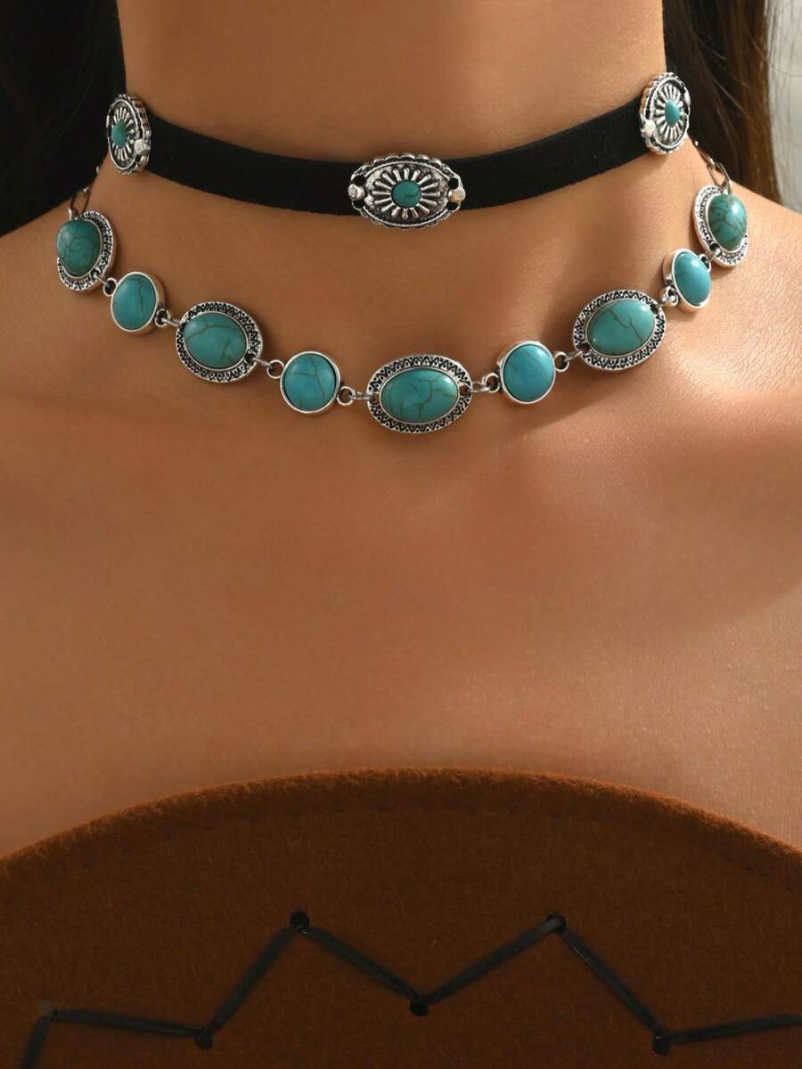 2 件套西部牛仔风格绿松石串珠颈链，手工制作时尚个性化锁骨链，适合日常佩戴、旅行和聚会 - 彩色 - 查看 1