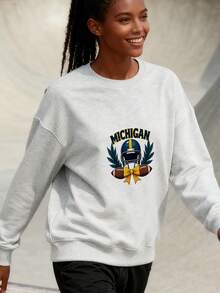 Michigan Football Hoodless Sweatshirt, Michigan, College Game Day Hoodless Sweatshirt, Michigan Bow Hoodless Sweatshirt, Michigan Coquette, Michigan College Hoodless Sweatshirt - 灰色 - 查看 2