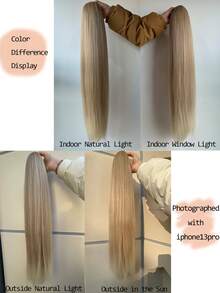Ombre Gold Straight Hair Ponytail Extension, Women's Synthetic Fiber Wrap-Around Long Clip-In Ponytail Wig, Natural Soft Heat Resistant Extension - Blonde Ombre - View 6