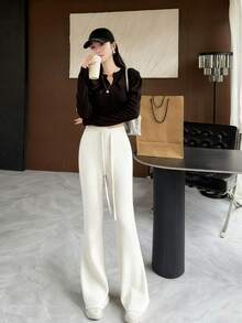 2025 女士羊毛混纺抽绳腰喇叭裤，灰色，秋冬 - 白色 - 查看 5