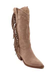 Western Fringe Boots - Soft Suede, Angled Heel - Khaki - View 2
