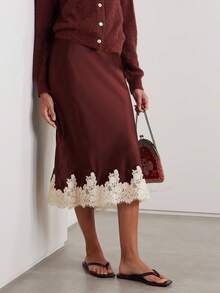 Lace Satin Maxi Skirts For Women Casual Elegant Fall A Line Elastic Waist High Rise Silk Midi Skirt With Lace Patchwork Y2k Aesthetic Going Out Skirt Party Club Streetwear - 酒紅色 - 查看 1