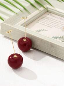 韩式樱桃油滴耳环，镀金百搭甜美个性耳钉项链套装，可爱简约水果首饰，现货批发 - 酒紅色 - 查看 5