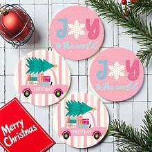 4pcs/8pcs Pink Christmas Theme Coasters, Christmas Pattern Absorbent Pads Coffee Mats Drink Coasters, Kitchen Table Room Bar Decor Holiday Gift - Multicolor - View 1