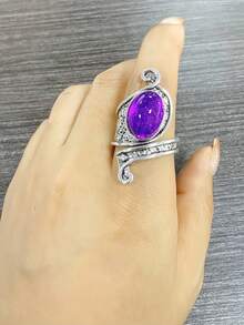 1 件复古时尚不对称合金水钻可调节开口戒指，多色 - 復古銀色 - 查看 10