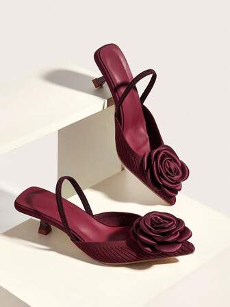 Women's Floral Decor Kitten Heel Shoes, Solid Color Pointed Toe Shoes, Versatile Elegant Party Low Vamp Sandals, Low Heel Comfortable Commuting Sandals, Suitable For Valentine's Day, Halloween, Christmas, Graduation Season, Dates, Shopping, Commuting, Parties, Banquets