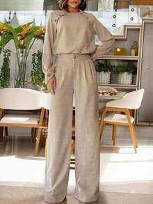 ANCHOSE Damen Business-Casual Set mit Schulterriemen, Knopfdekor Langarmoberteil und weiter Hose, Herbst