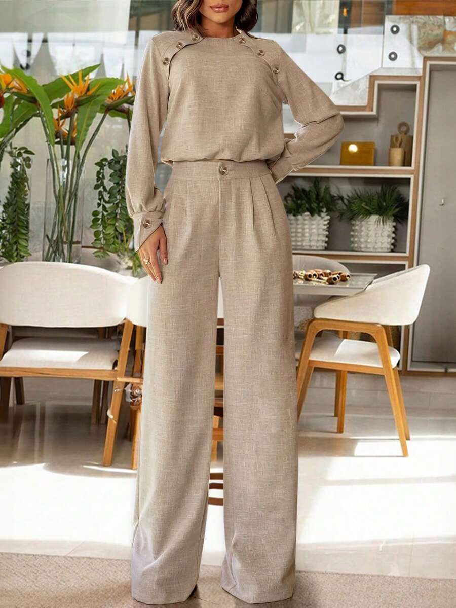 ANCHOSE 女士商务休闲肩带纽扣装饰长袖上衣和阔腿裤套装，秋季 - 淺卡其 - 查看 1