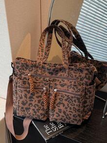 Túi Tote Đeo Vai Vải Nhung Nâu Họa Tiết Da Báo Thời Trang Thu Đông, Túi Vải Nữ Dung Tích Lớn, Nhẹ, Tối Giản, Gấp Gọn, Phong Cách Trường Học/Cao Đẳng, Nhiều Ngăn Khóa Kéo, Thường Ngày Đa Năng, Phù Hợp Sử Dụng Hàng Ngày, Đi Làm, Mua Sắm - màu nâu - Xem 2