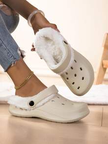 新款女士花园鞋，可调节宽松平底鞋，卧室/旅行/沙滩毛绒拖鞋，包趾拖鞋 - 米色 - 查看 1