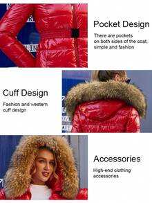 Áo khoác mùa đông nữ ZIAI màu trơn bóng, kiểu dáng thời trang mới, áo khoác dày dáng ôm có thắt lưng, áo khoác ngắn nữ có cổ lông giả, lựa chọn thời trang cho kỳ nghỉ. - Đỏ - Xem 9