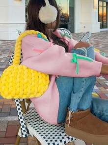 彩色蝴蝶结3D装饰宽松落肩圆领长袖针织套头衫，休闲可爱，适合秋冬季节穿着，时尚百搭，适合情人节/圣诞节粉色假期 - 粉色 - 查看 9