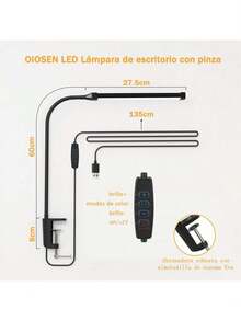 OIOSEN LED Lámpara de escritorio con pinza, largo cuello de cisne flexible de metal USB Lámparas de mesa, 3 modos de brillo 10, clip de luces para la oficina en casa cuidado de ojos (Negro) - Negro - Ver 4