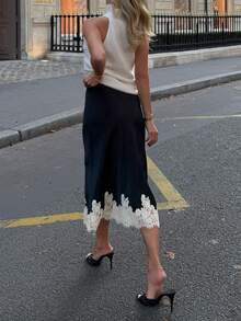 Lace Satin Maxi Skirts For Women Casual Elegant Fall A Line Elastic Waist High Rise Silk Midi Skirt With Lace Patchwork Y2k Aesthetic Going Out Skirt Party Club Streetwear - 黑色 - 查看 3