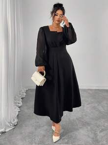 Elegant Plus Size Black A-Line Long Dress With Square Neck Ruched Bishop Sleeves And Flared Hem, Perfect Long Sleeve Curve Dress - Black - View 4