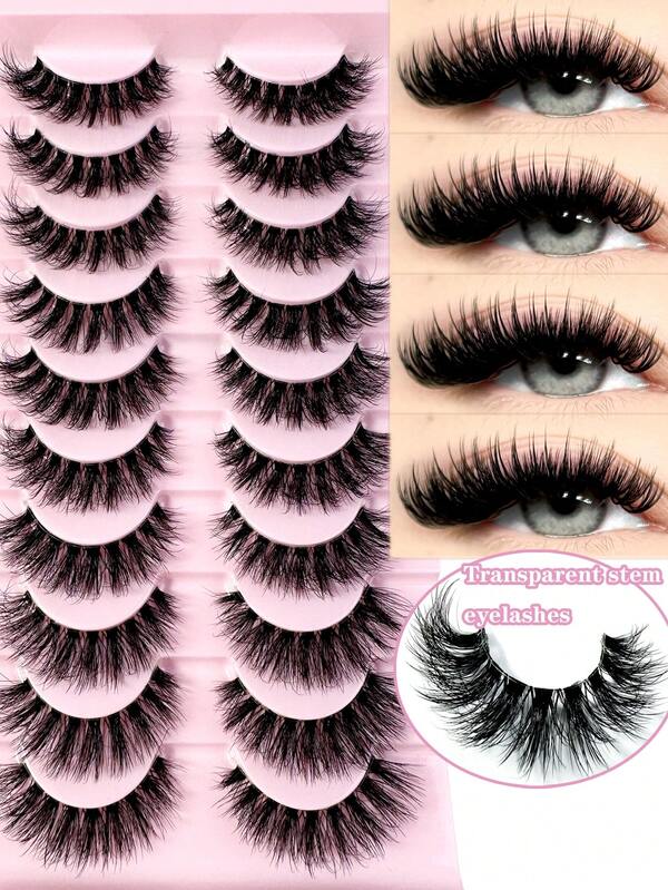 10 pares de pestañas postizas esponjosas y lujosas - Gruesas, vaporosas, 3D volumen, reutilizables, suaves, ligeras, pestañas postizas de visón sintético para un look de maquillaje de ojos dramático