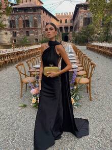 Basrey 新款优雅女士纯色吊带纽扣高腰缎面露背收腰派对长裙，适合婚礼、晚宴、约会和其他场合。 - 黑色 - 查看 8