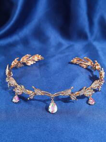 1pc Crystal Queen Crown Headband, Rhinestone Bridal Wedding Hair Accessories, Vintage Leaf Rhinestone Headpiece Pendant Hairband, Suitable For Women Princess Performance, Party, Halloween Costume, Bridesmaids Gifts, Coronas, Tiara