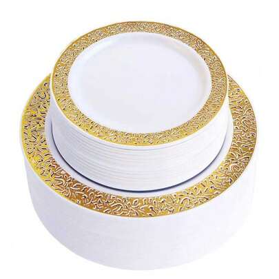 25pcs Gold Hollow Plates, Serving Platters, Dishes, Bowls, Christmas Plates, Charging Plates, High-Quality Appetizer Plates, Easy To Clean And Reusable, Suitable For Home, Restaurant, Hotel, Birthday, Party, Wedding, Holiday, Gathering, Team Building, Outdoor, BBQ, Camping, School Supplies, Christmas Dinnerware And Various Holiday Dinnerware