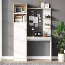 Work Table/Desk With Storage – White With Strip Wood Contrast, Lower Cabinet With Doors And Upper Open Shelf, Office Design, - 白色 - 查看 4