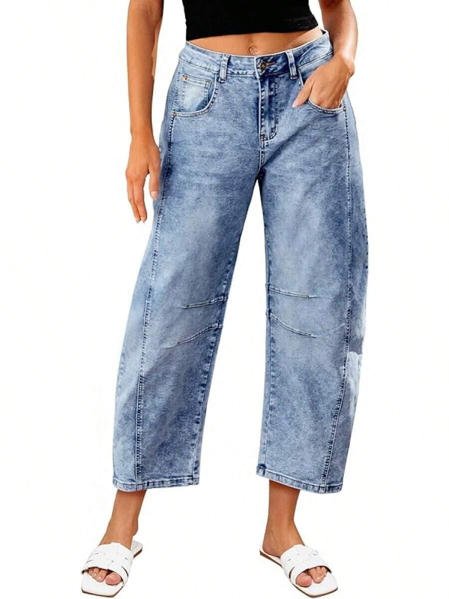 LookbookStore High Waisted Wide Leg Baggy Barrel Jeans Denim Jean Pantshalloween - 礁藍 - 查看 1