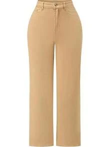 THUNDER Womens High Waisted Wide Leg Jeans Stretchy Distressed Pants - Khaki - View 12