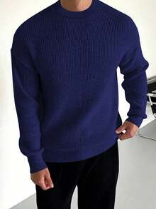 Men's Casual Solid Color Knit Sweater, Autumn/Winter - Navy Blue - View 2