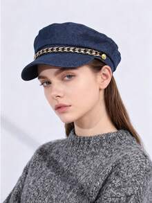 قبعة بيريه مزينة بسلسلة معدنية بطراز قديم مهترئ، قبعة صبي أنيقة عادية، قبعة محبوكة متعددة الاستخدامات مناسبة للخريف/الشتاء للخارج والتنقل والسفر والحفلات والاستخدام اليومي، إكسسوارات الخريف