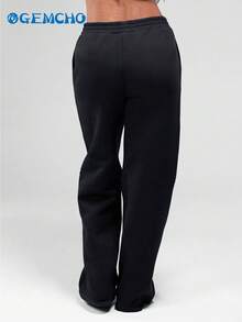 GEMCHO Women's Warm Lined Sports Pants, With Pockets, Knit Fabric, Slightly Elastic, Casual Running Pants, Fitness Wear, Suitable For All Seasons, Ideal For Winter - Black - View 4