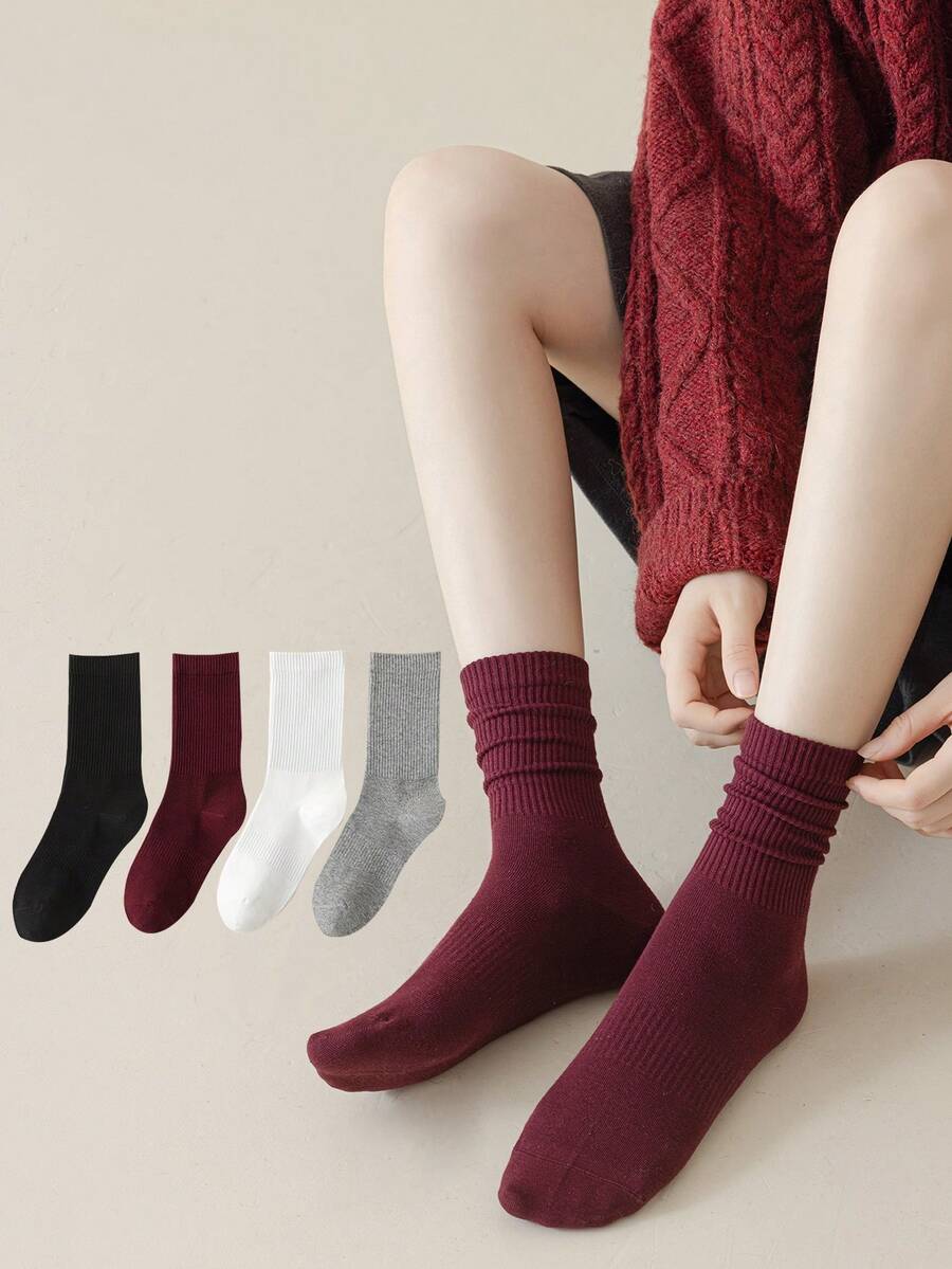 4 đôi tất cotton cổ ngắn nữ, tất lông cừu Angora màu đỏ ấm áp đa năng cho mặc hàng ngày, mùa thu/đông - Nhiều màu - Xem 1